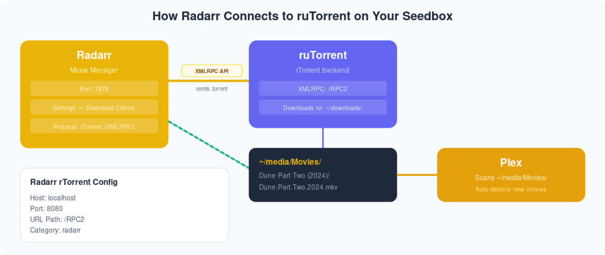How to Use Radarr with Your Seedbox 1 Diagram showing Radarr connecting to ruTorrent via XMLRPC, organizing movies to media folder for Plex