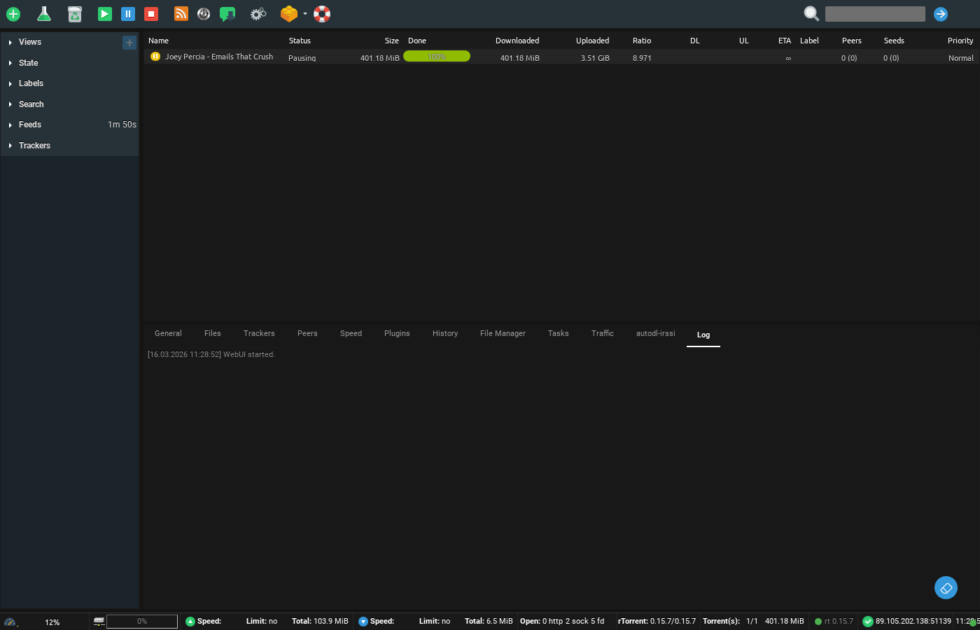 ruTorrent – Getting Started 1 Screenshot of ruTorrent web interface showing torrent list, status bar, sidebar with views, state, labels, search, feeds, and trackers