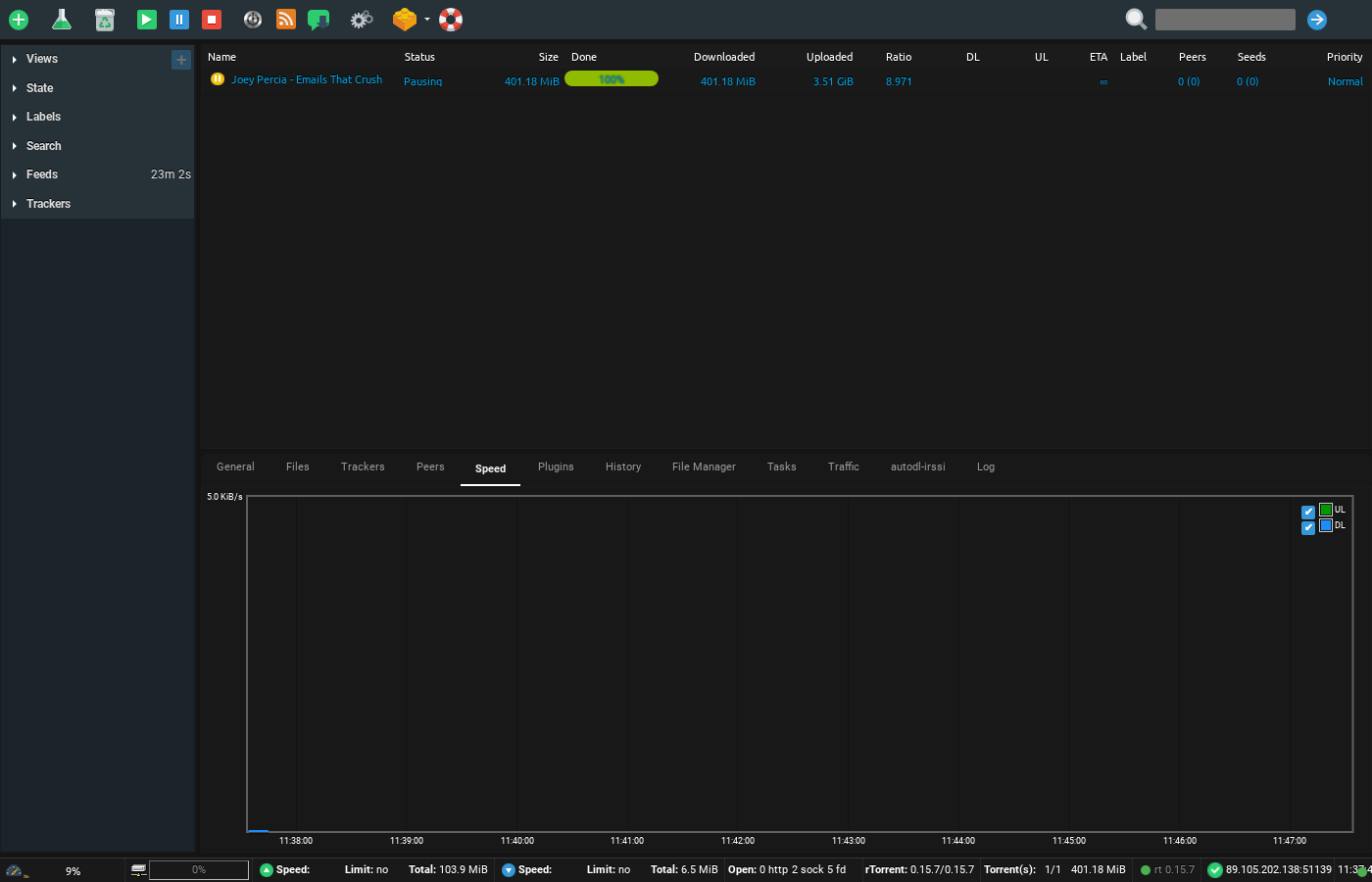 How to Get Faster FTP Downloads 1 Screenshot of ruTorrent Speed tab showing download and upload speed graph over time