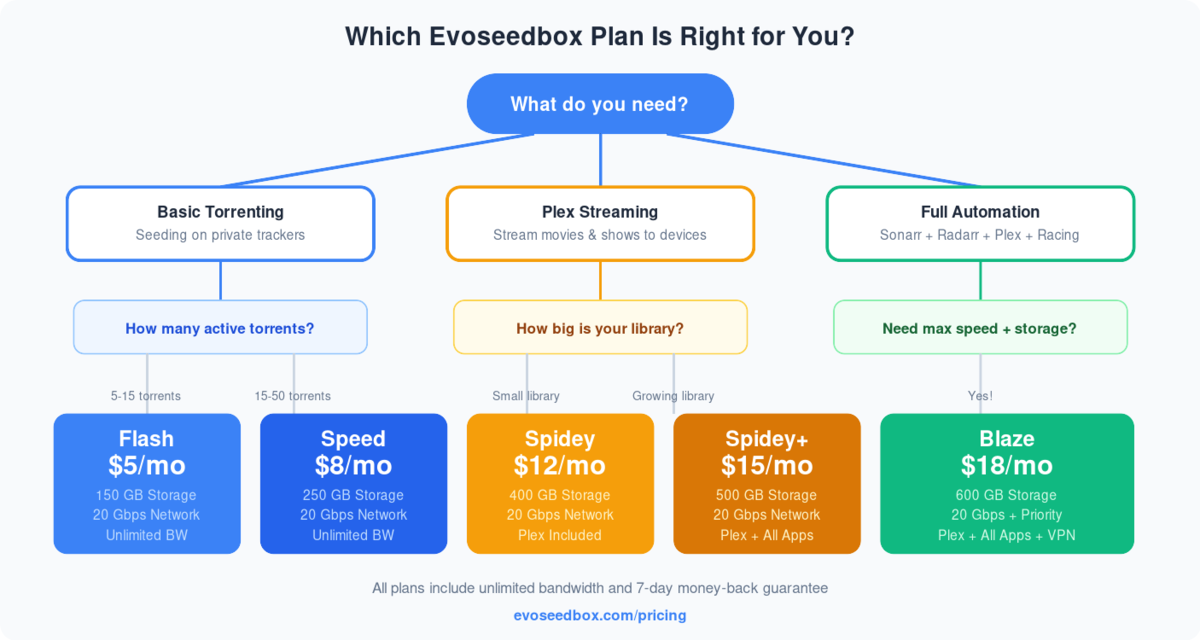Choosing a Seedbox Plan 1 Decision guide showing which Evoseedbox plan to choose based on your needs