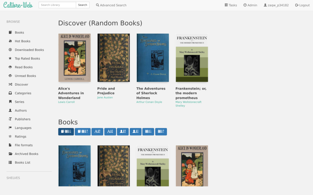 Calibre-Web: Access Your Ebook Library from Anywhere 1 Calibre-Web ebook library on a seedbox showing public-domain Project Gutenberg classics with cover art and author names