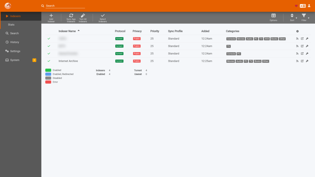 Quick Setup: Complete *arr Stack (Sonarr + Radarr + Prowlarr + ruTorrent) 1 Prowlarr indexer list on a seedbox showing protocol, privacy, priority, sync profile and category columns for four configured indexers