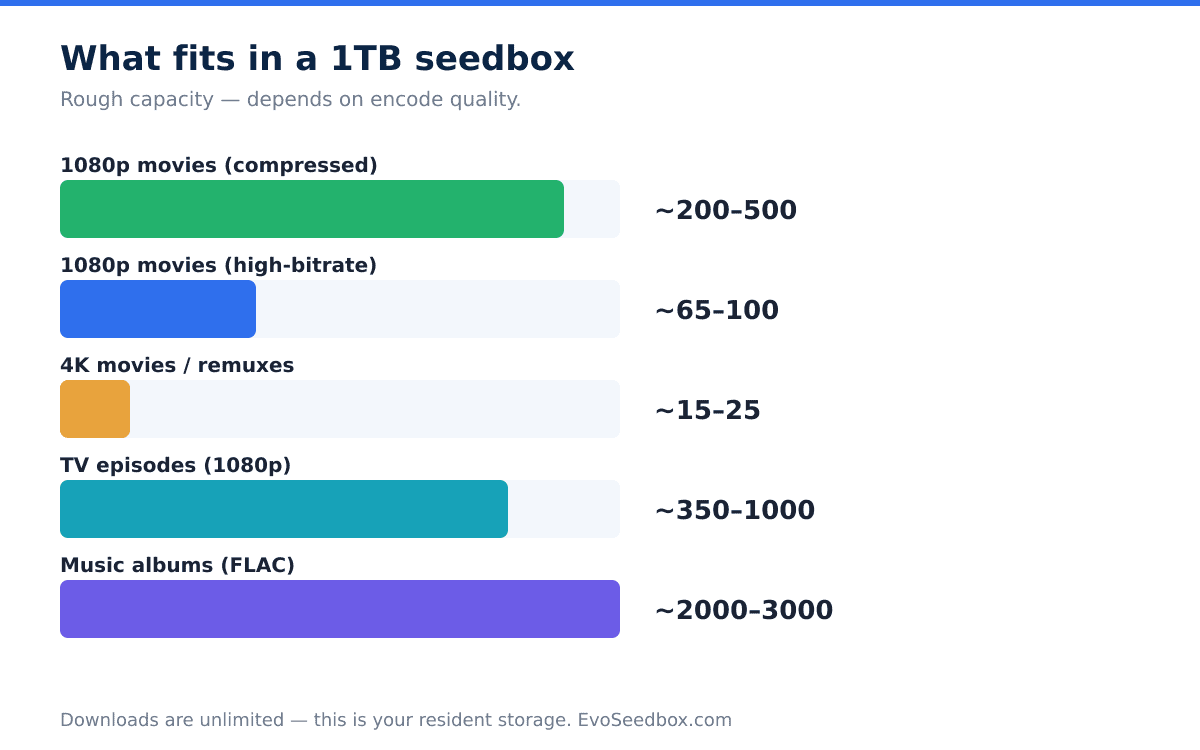 Chart of what fits in 1TB: ~200-500 1080p movies, ~15-25 4K movies, ~350-1000 TV episodes