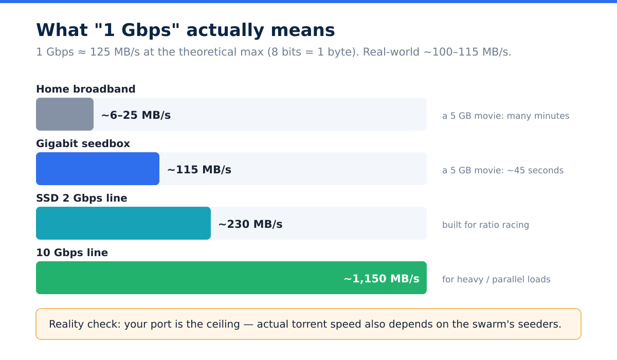 1Gbps Seedbox: What Gigabit Speed Really Gets You (2026) 2 Bar chart of real download speeds in MB/s: home broadband vs gigabit seedbox vs 2Gbps and 10Gbps lines