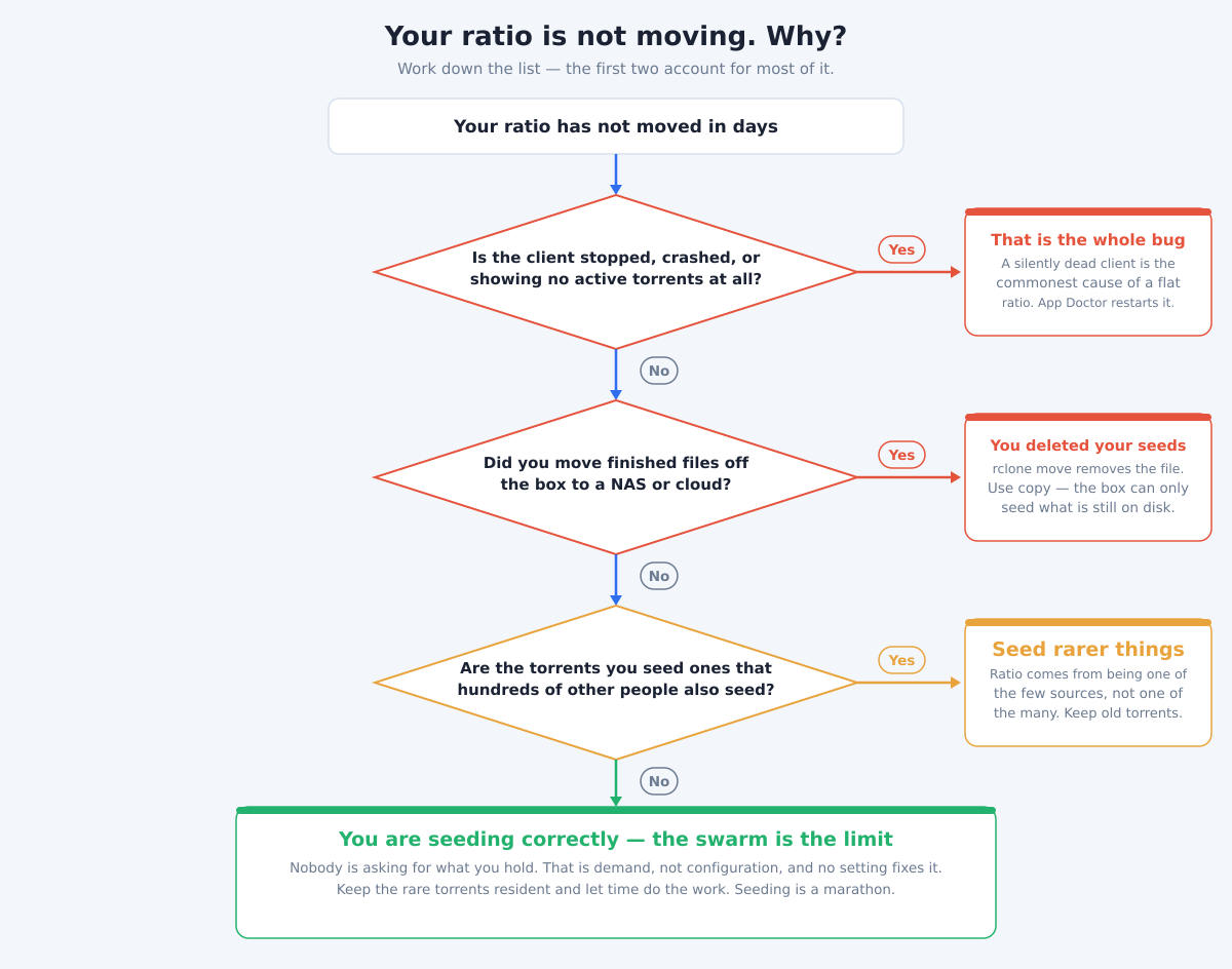 Best Seedbox for Seeding (2026) 1 Triage flowchart for a ratio that will not grow: a stopped or crashed client, files moved off the box with rclone move instead of copy, or seeding only torrents that hundreds of others also seed — otherwise the swarm's demand is the limit.