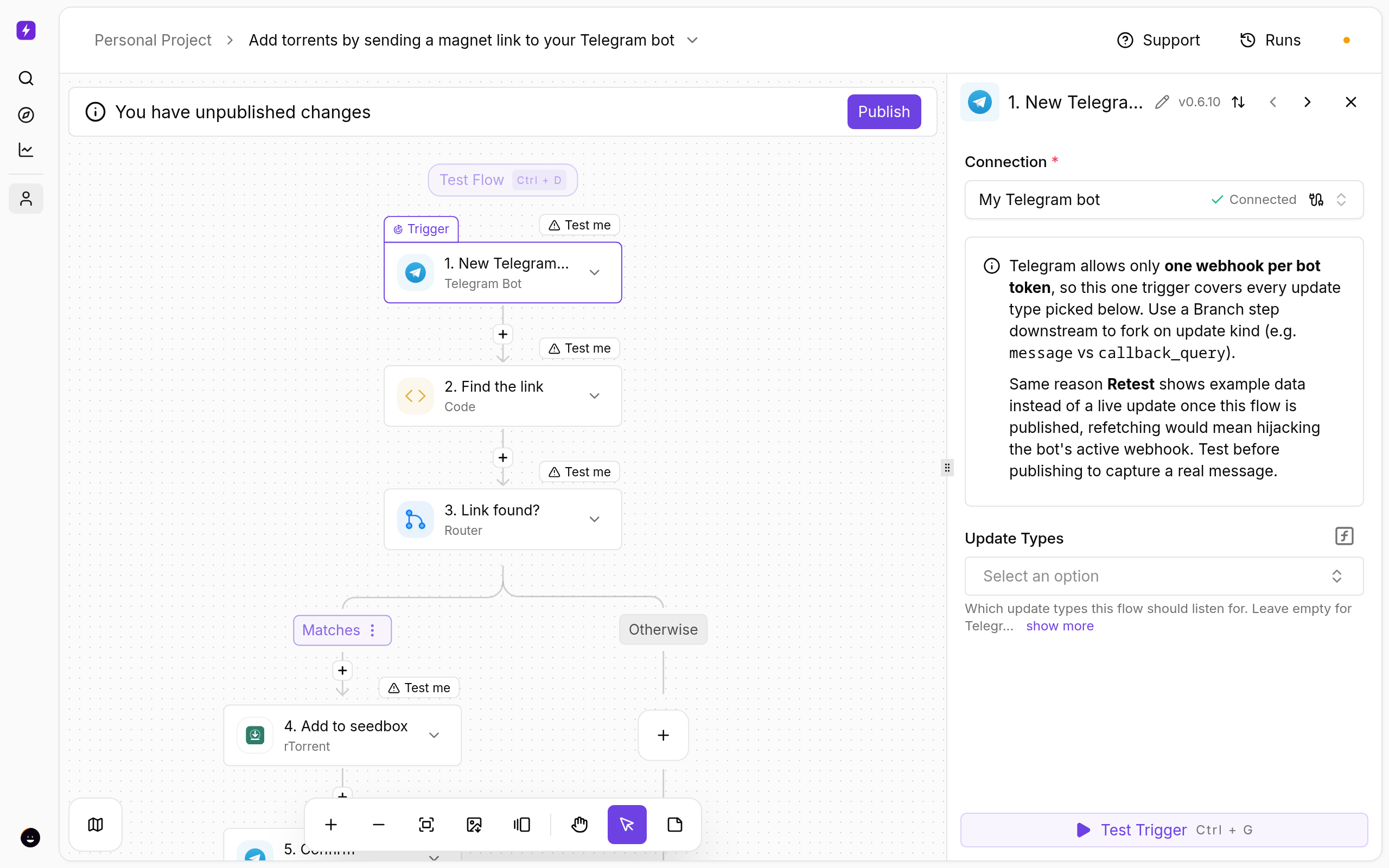 Add Torrents to Your Seedbox From Telegram 3 Add torrents by sending a magnet link to your Telegram bot — settings of the step you fill in