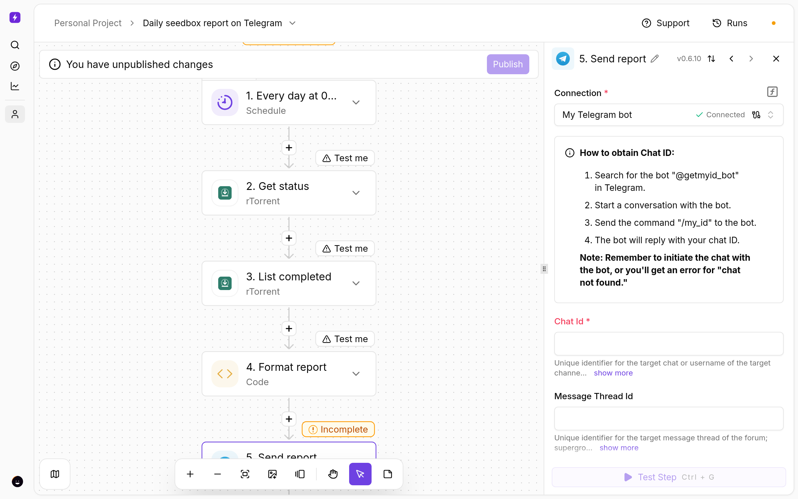 A Daily Seedbox Report on Telegram 3 Daily seedbox report on Telegram — settings of the step you fill in