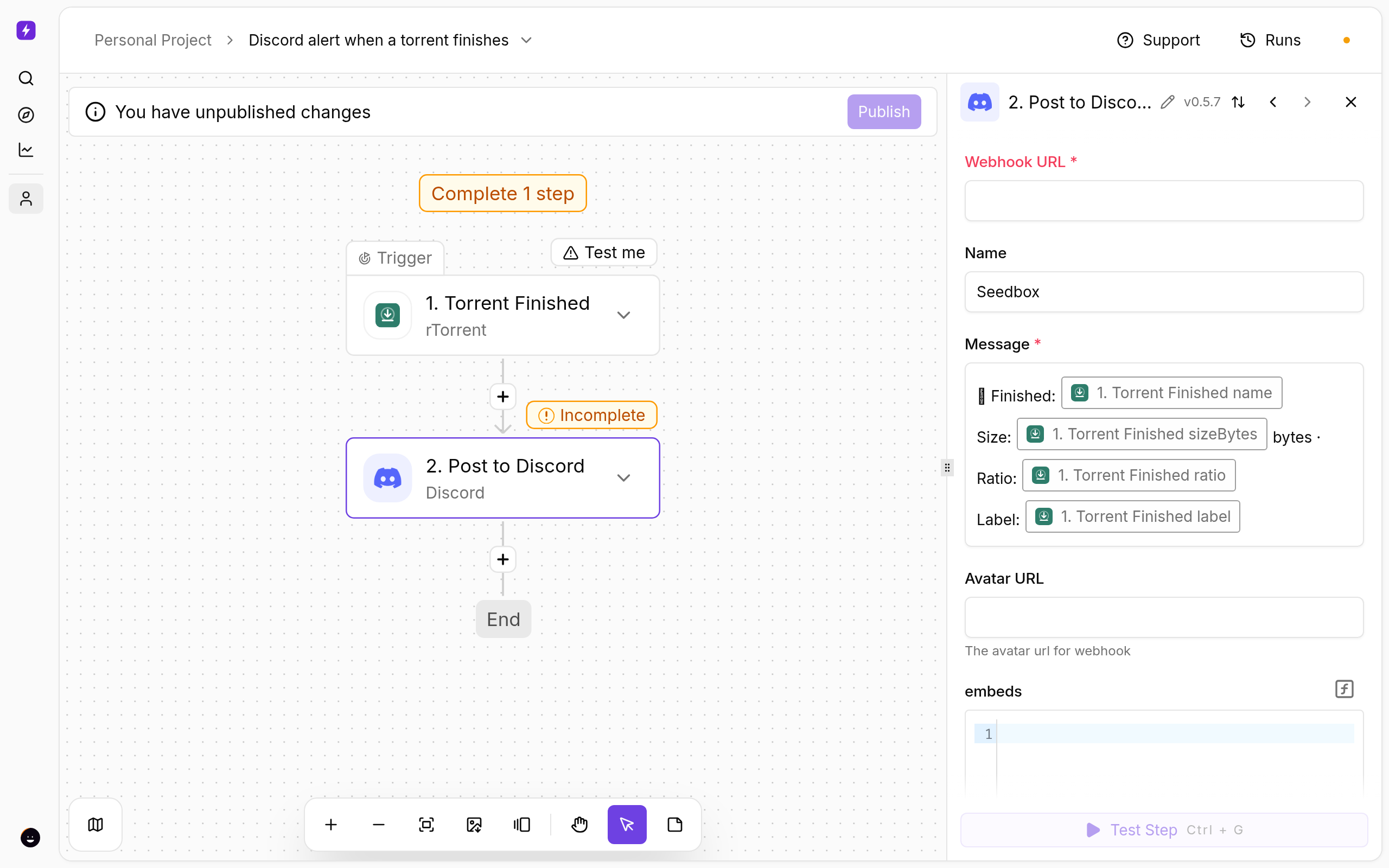 Post Finished Torrents to a Discord Channel 3 Discord alert when a torrent finishes — settings of the step you fill in
