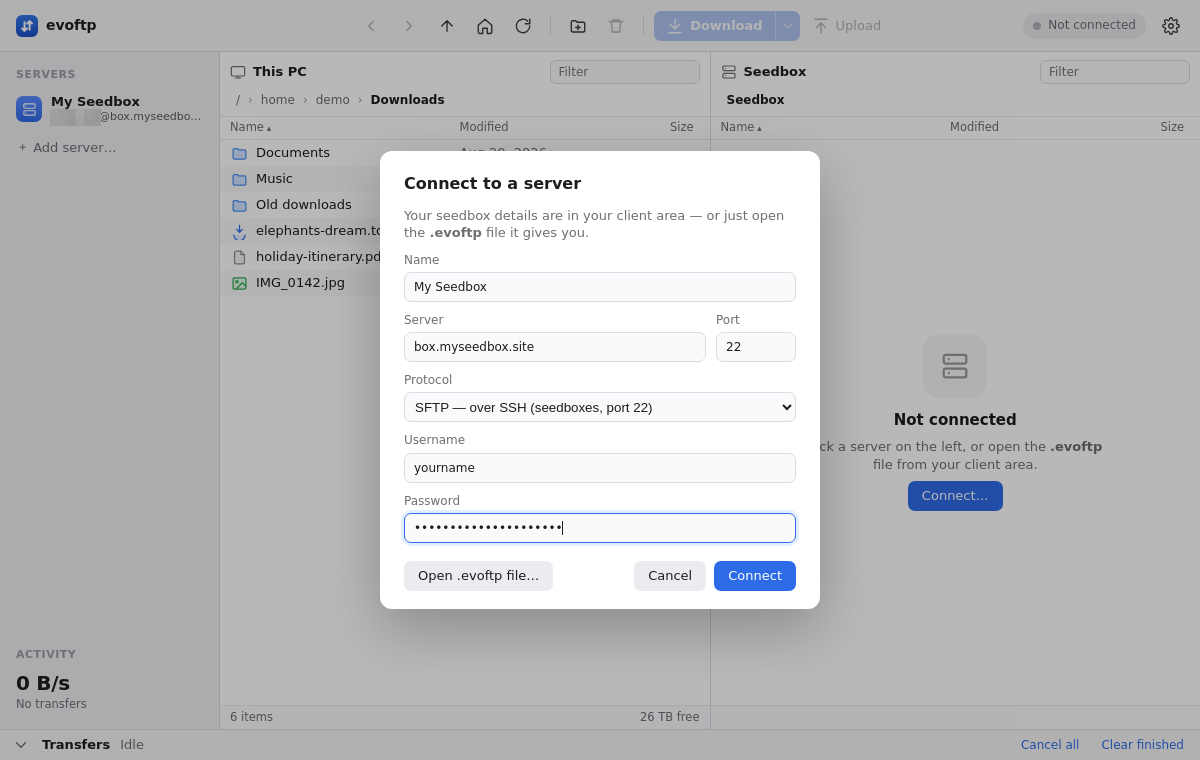 The .evoftp file doesn't open evoftp 1 evoftp Connect dialog with the Open .evoftp file… button