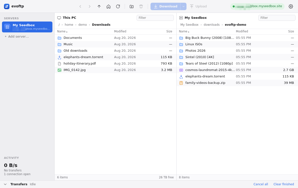 Uploading files and folders 1 evoftp main window with This PC on the left and the seedbox on the right