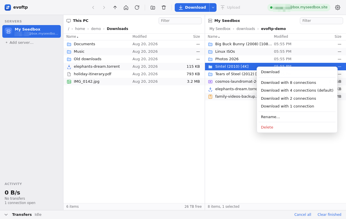 evoftp: Free SFTP Client for Your Seedbox (Windows, Mac, Linux) 5 evoftp right-click menu on a seedbox folder: Download, connection choices, Rename, Delete