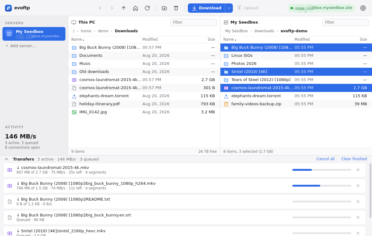 Why evoftp splits files into segments 1 Transfers drawer showing three files downloading, each with its segment count