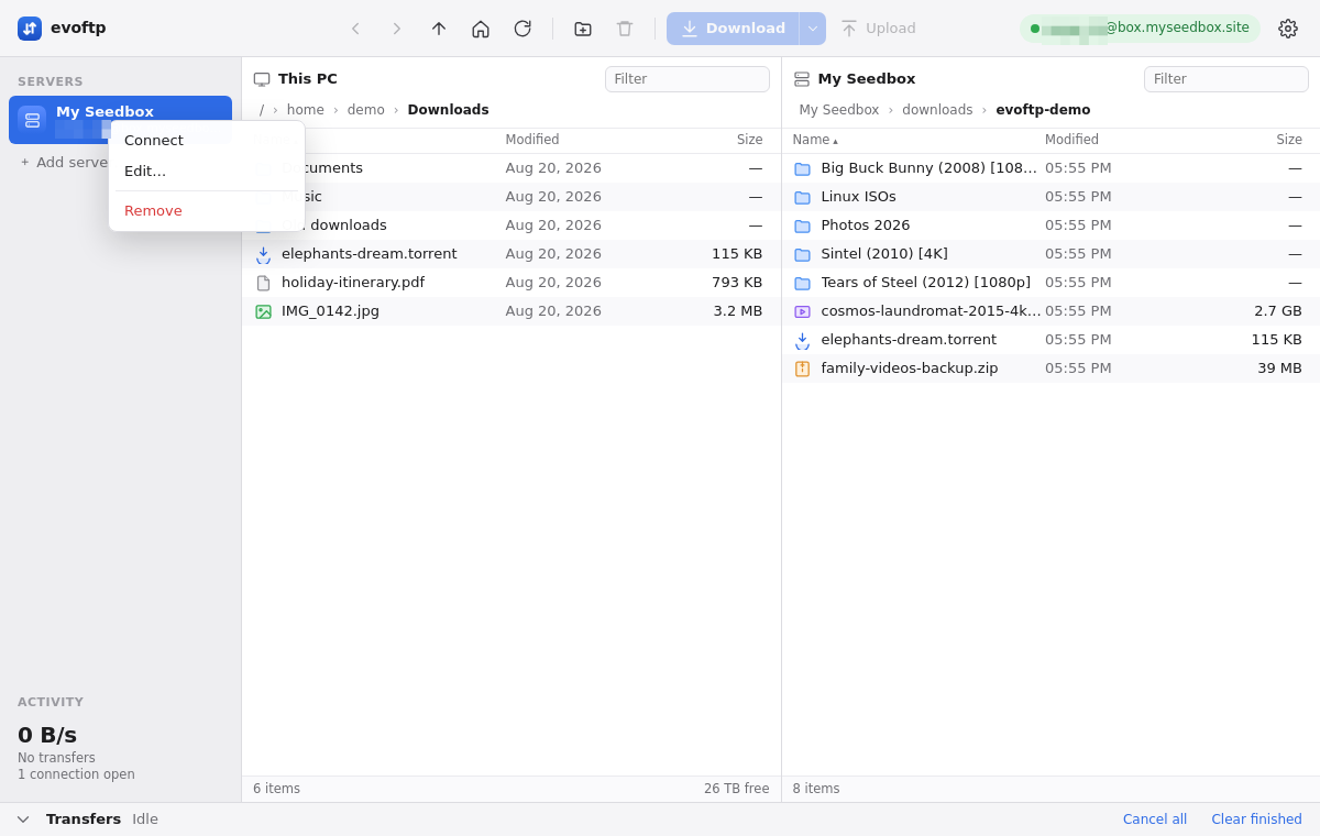 Managing saved servers 1 Right-click menu on a saved server in the evoftp sidebar: Connect, Edit…, Remove