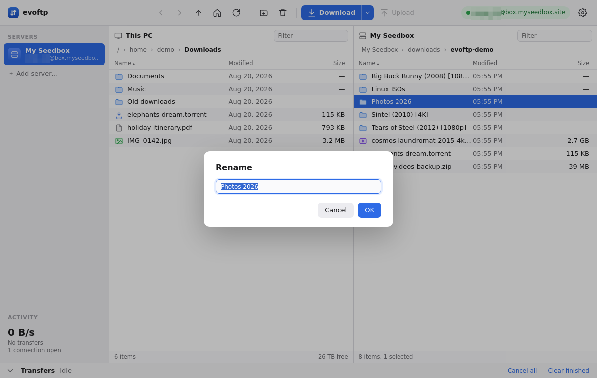 Renaming, creating folders and deleting 1 The evoftp Rename sheet with the file name selected, and OK / Cancel buttons