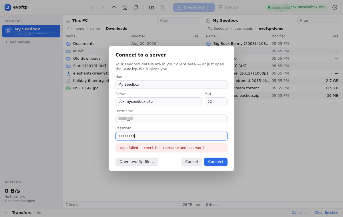 "Login failed — check the username and password" 1 evoftp connect dialog showing the message Login failed — check the username and password
