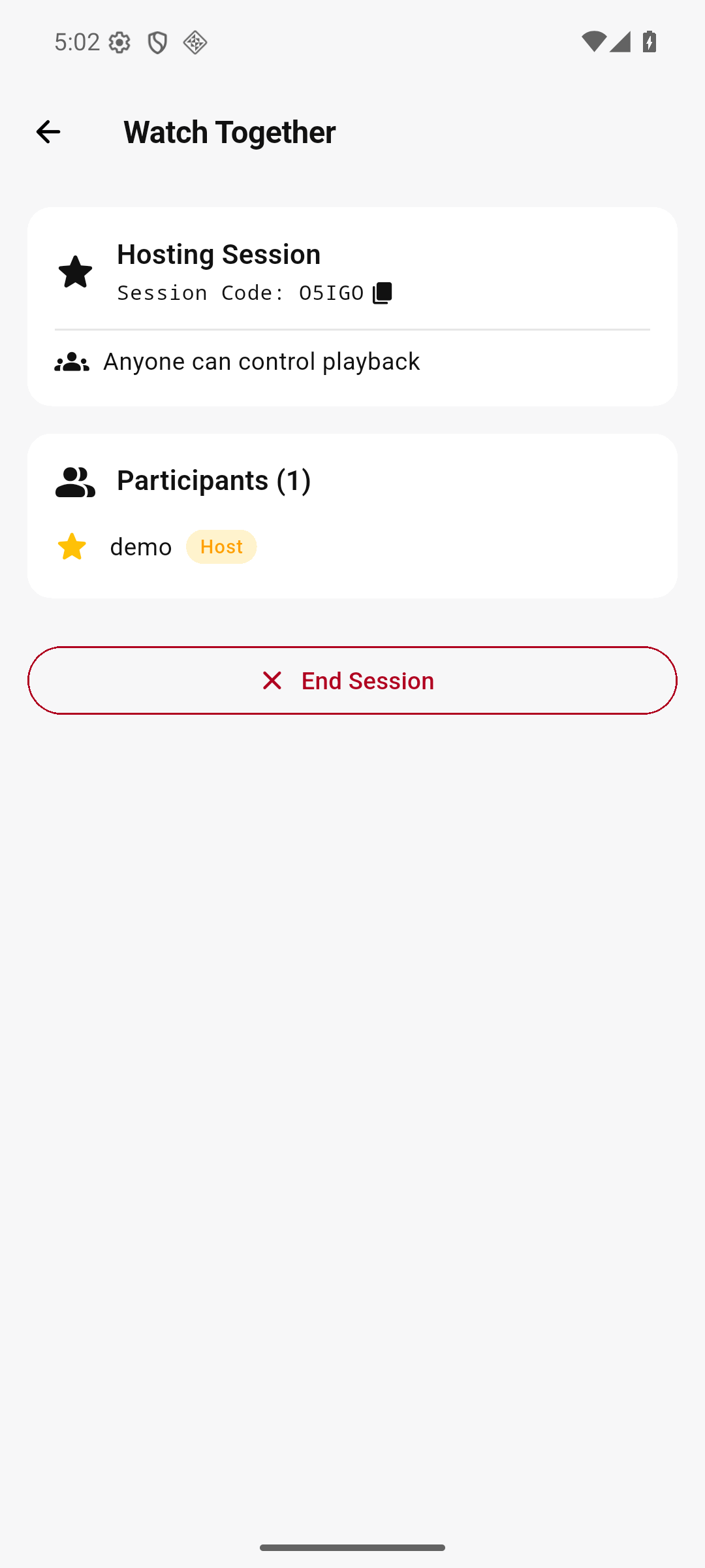 Watch Together in EvoPlex: how the relay works 3 EvoPlex Watch Together screen on a phone: Hosting Session with the code O5IGO, Anyone can control playback, one participant
