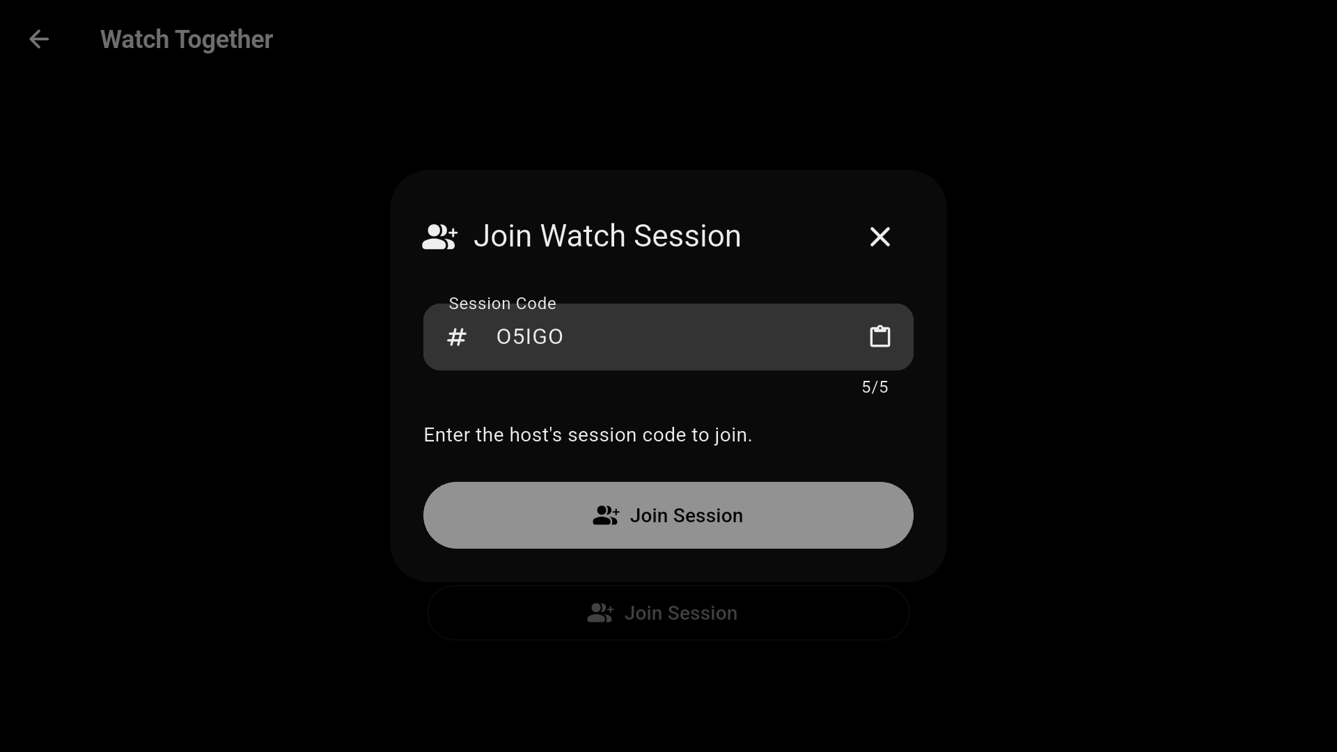 Watch Together in EvoPlex: how the relay works 4 EvoPlex on a TV: Join Watch Session dialog with the code O5IGO entered
