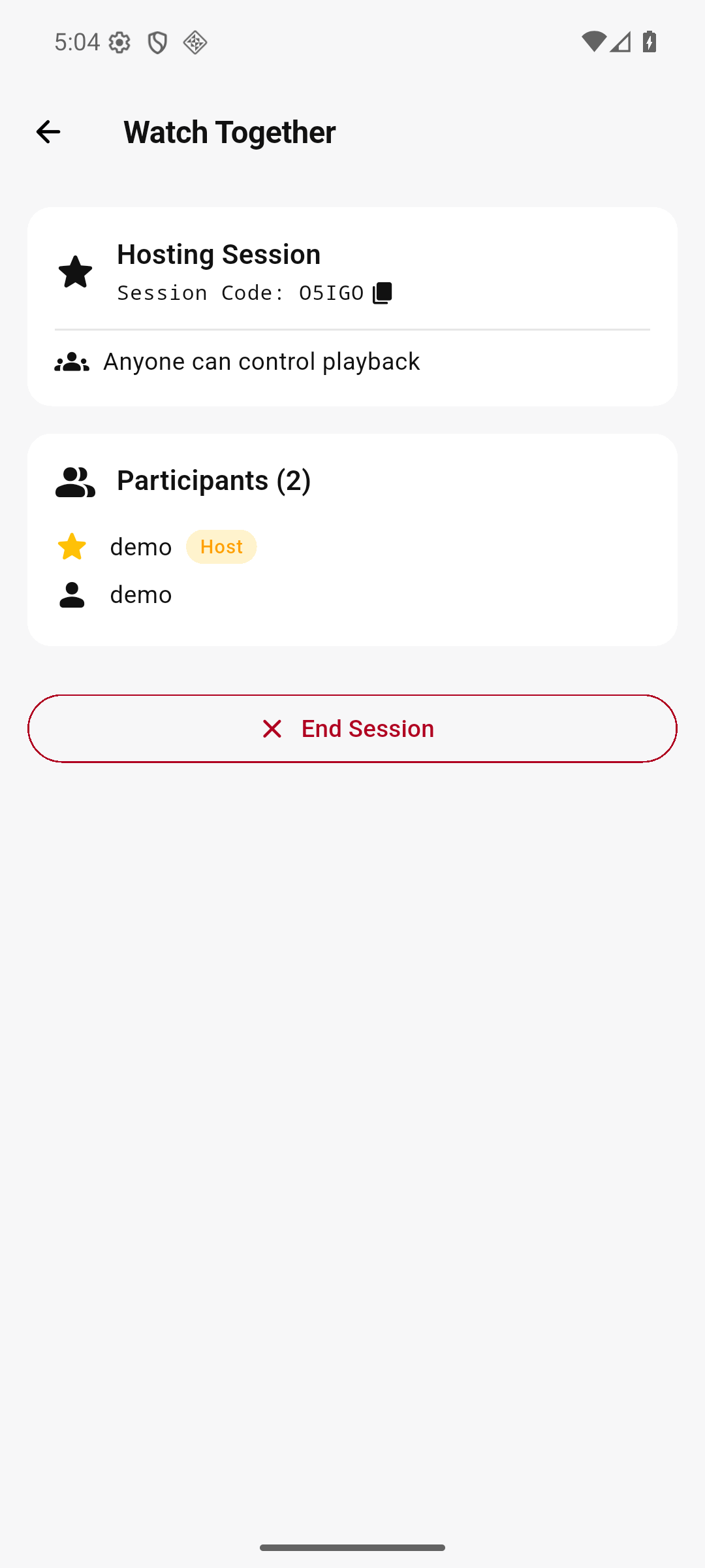 Watch Together in EvoPlex: how the relay works 5 Host's Watch Together screen showing two participants: demo (Host) and demo
