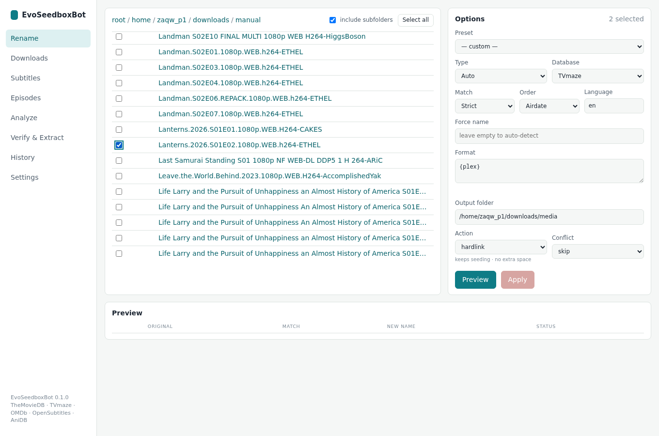 EvoSeedboxBot — rename and organise your media (complete guide) 2 Two folders ticked inside downloads/manual: a full season and a single episode.