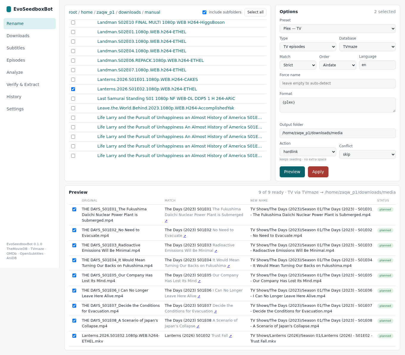 EvoSeedboxBot — rename and organise your media (complete guide) 4 A season of THE DAYS plus one Lanterns episode identified on TVmaze and laid out for Plex.