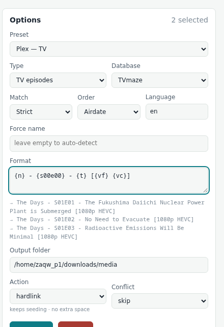 EvoSeedboxBot — rename and organise your media (complete guide) 3 Editing the format: the preview under the box updates live, so you see the real names before doing anything.