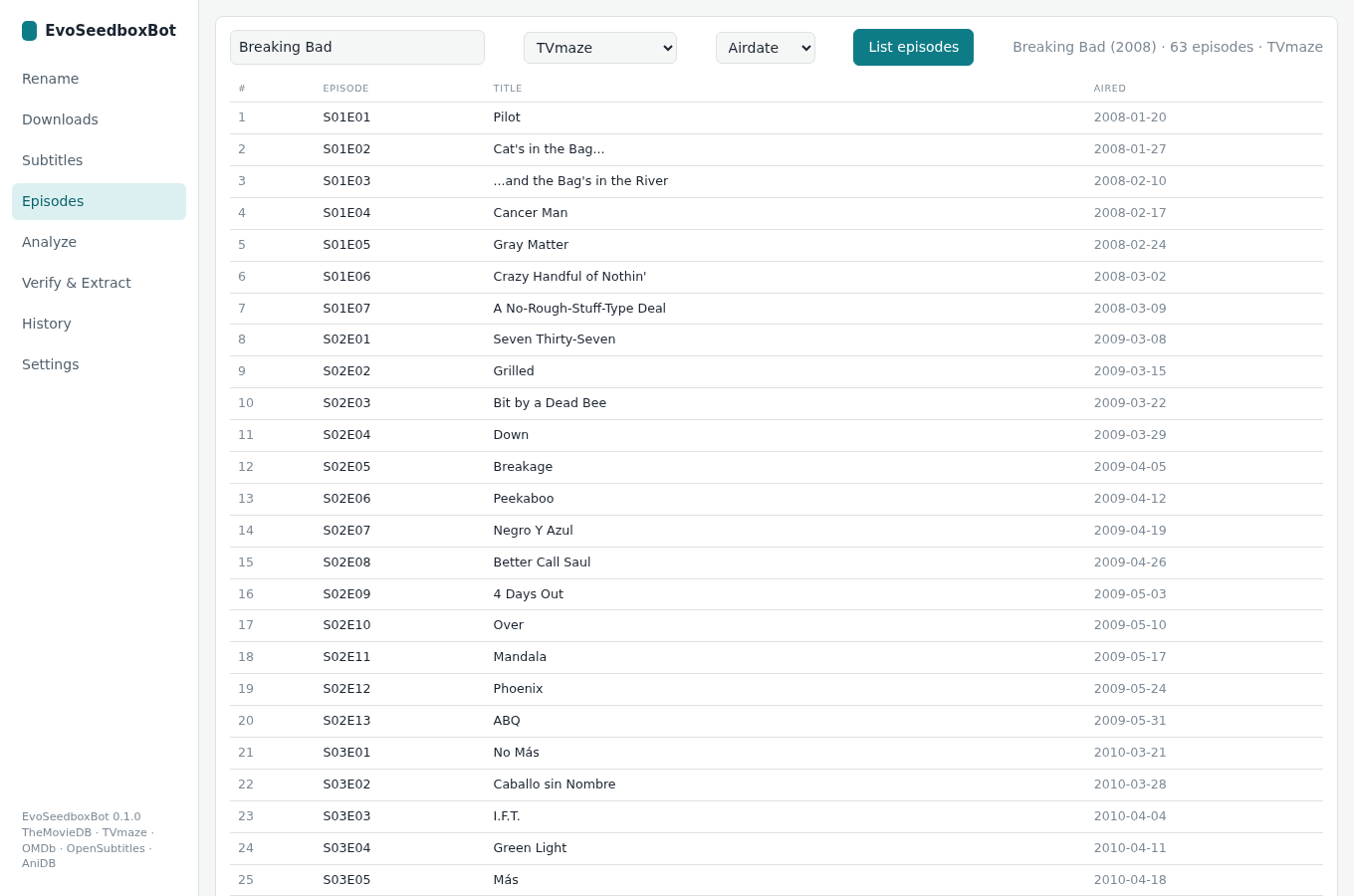 EvoSeedboxBot — rename and organise your media (complete guide) 9 Breaking Bad's episode list from TVmaze.