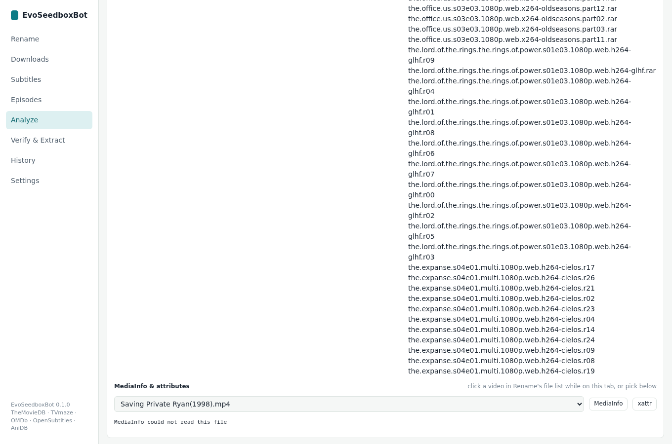 EvoSeedboxBot — rename and organise your media (complete guide) 10 A downloads folder analysed: types, series · season parts, and MediaInfo for one file.