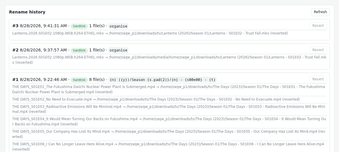 EvoSeedboxBot — rename and organise your media (complete guide) 12 Runs with their files; each can be reverted with one click.