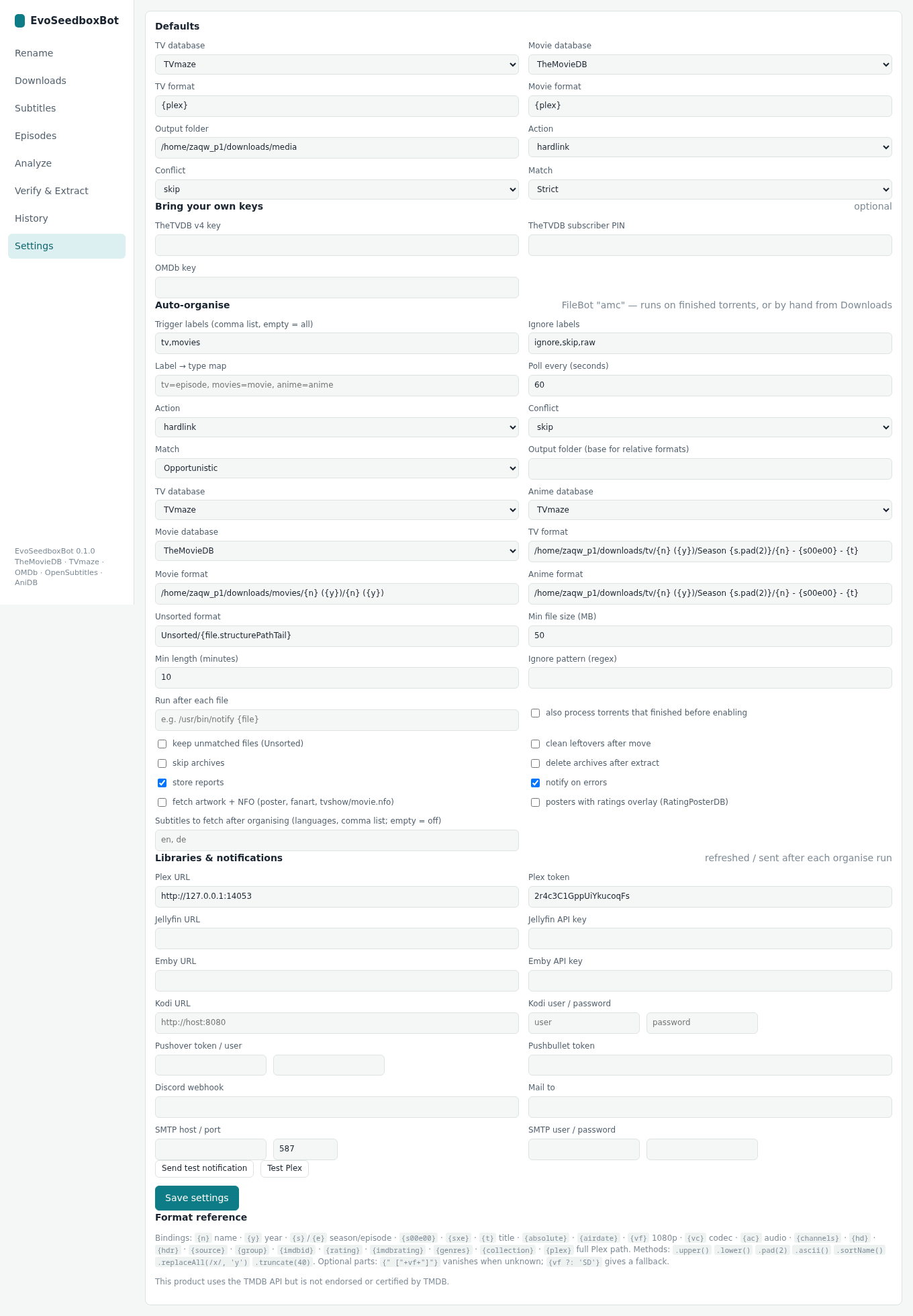 EvoSeedboxBot — rename and organise your media (complete guide) 13 Everything in one place: defaults, API keys, auto-organise rules, libraries and notifications.