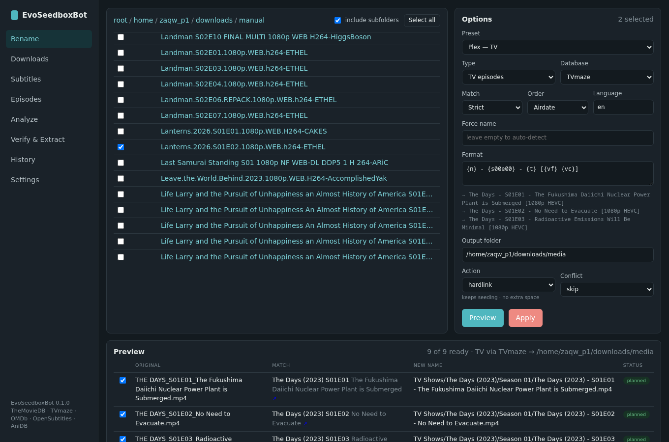 EvoSeedboxBot — rename and organise your media (complete guide) 14 The same app in dark mode.