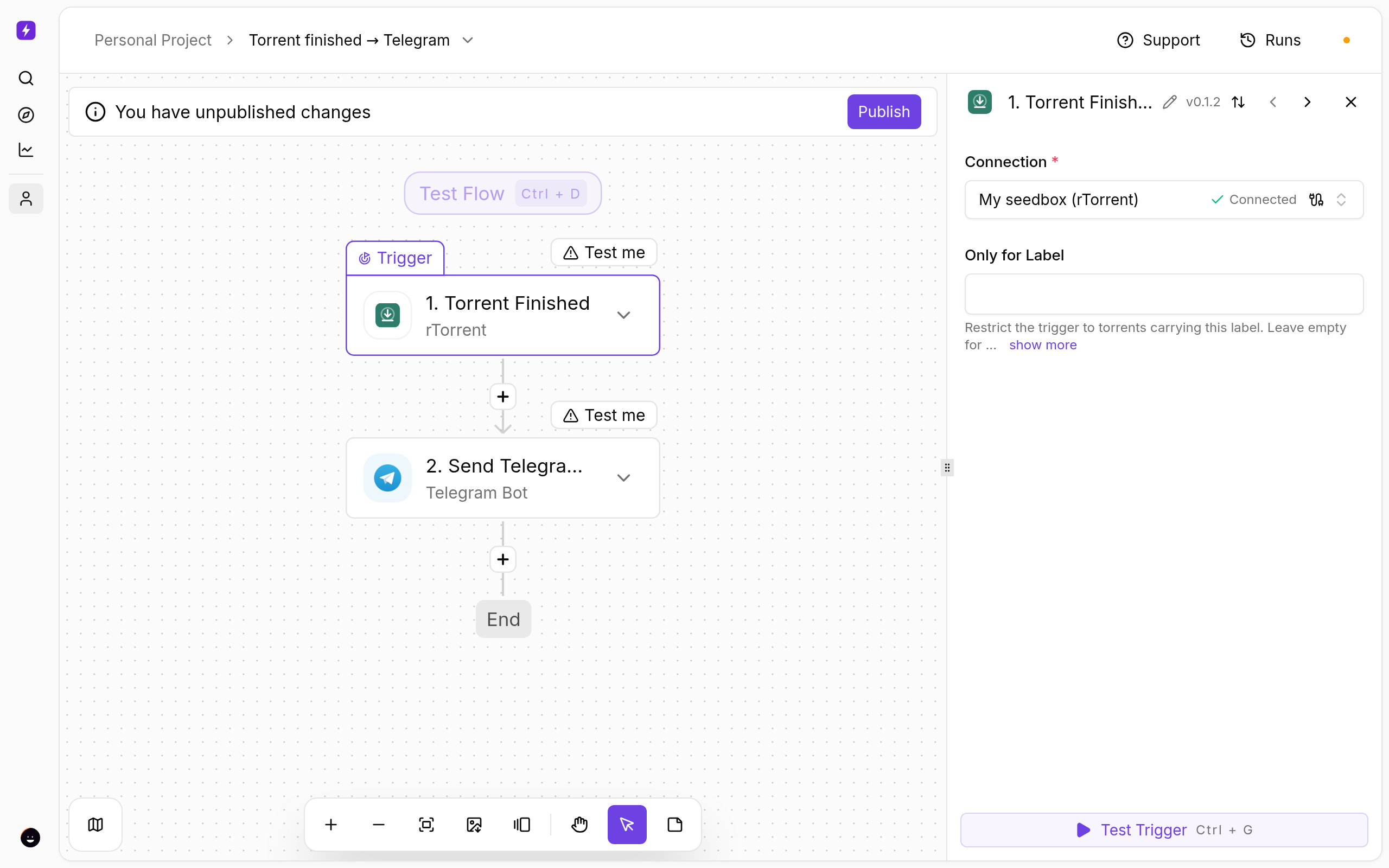 Liteflow: Automate Your Seedbox (Telegram Alerts, Labels, Sonarr & Radarr) 5 A Torrent Finished trigger connected to a Telegram Send Text Message step