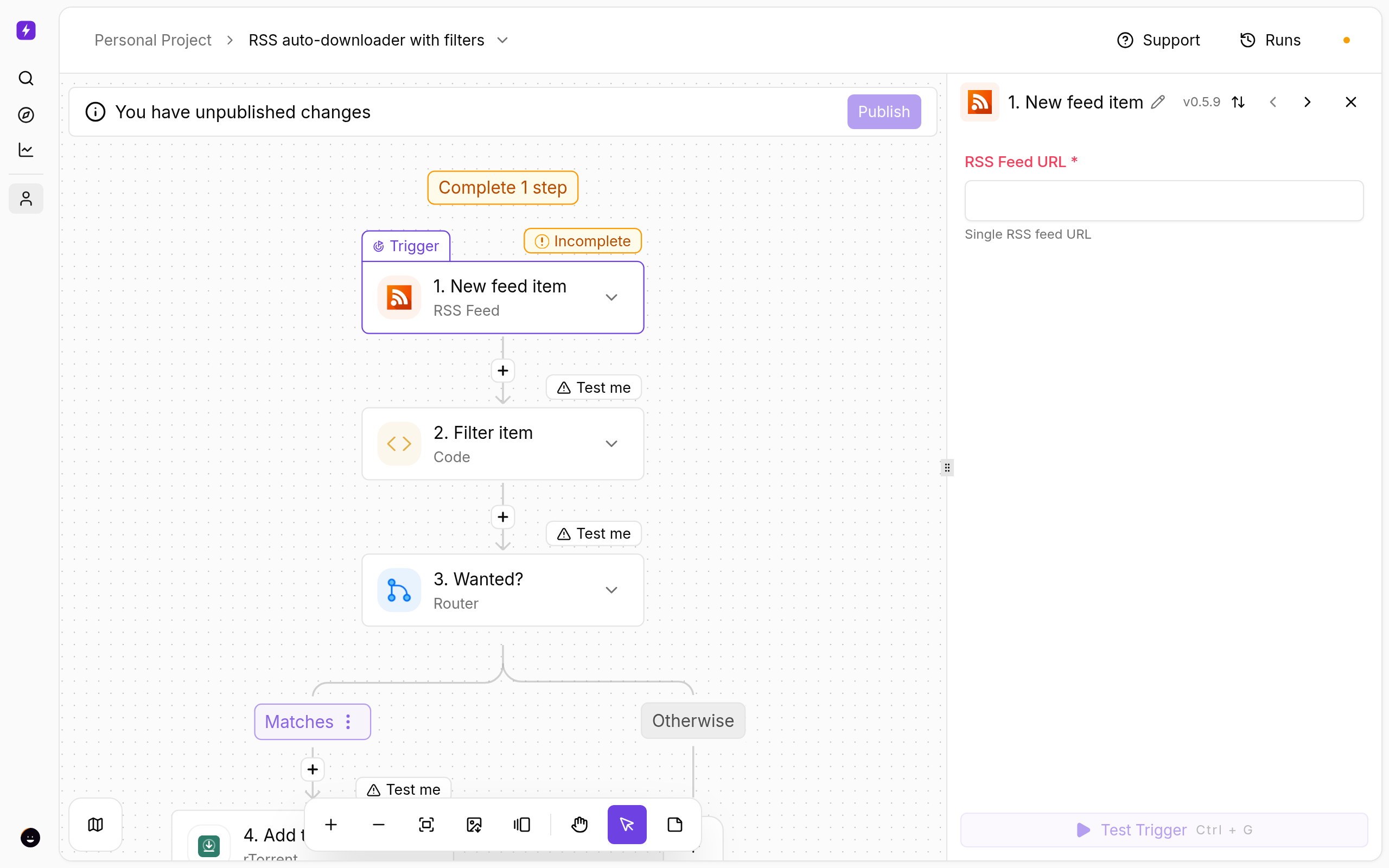 Auto-Download From an RSS Feed With Filters 2 RSS auto-downloader with filters — the imported flow in the Liteflow builder