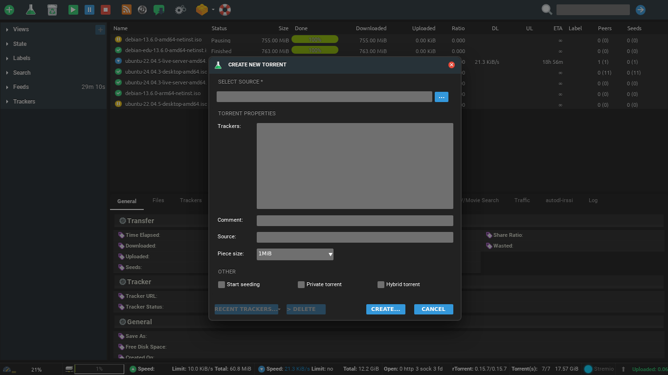 How to Create a Torrent in ruTorrent 4 ruTorrent Create New Torrent dialog with source, trackers, comment and piece size fields