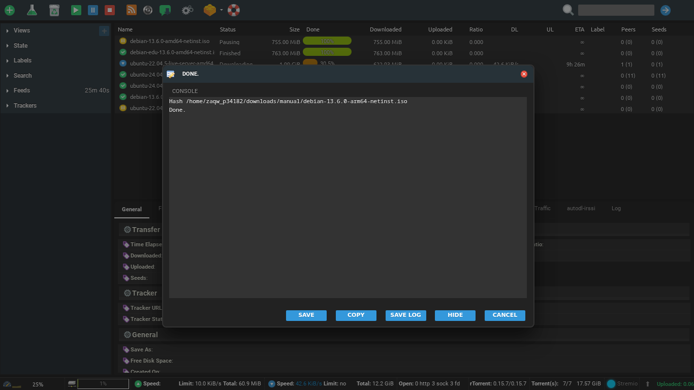 How to Create a Torrent in ruTorrent 6 ruTorrent console showing the torrent hashed and Done, with the Save button to download the .torrent file