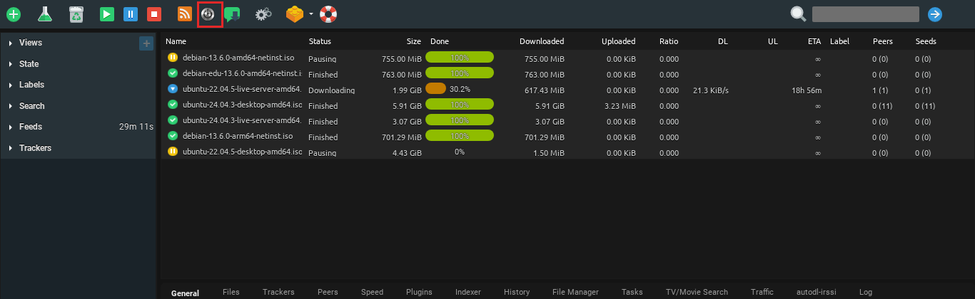 Restarting ruTorrent on Seedbox 1 ruTorrent toolbar with the rTorrent manager (start/stop) button highlighted