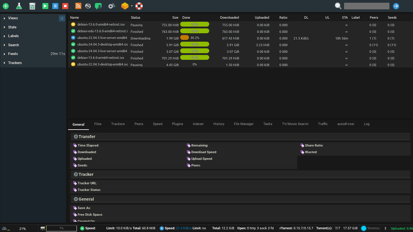 ruTorrent torrent list on an EvoSeedbox seedbox showing Debian and Ubuntu ISOs seeding