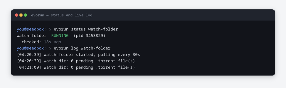 Seedbox Cron Jobs: Run Your Own Scripts Without Root 3 Checking the status of a seedbox background job and tailing its live log output