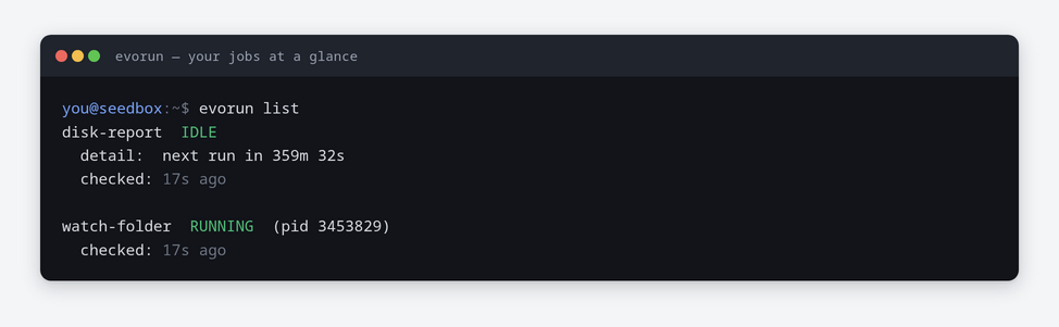 Seedbox Cron Jobs: Run Your Own Scripts Without Root 2 Listing seedbox cron jobs, showing one scheduled job idle and one always-on job running