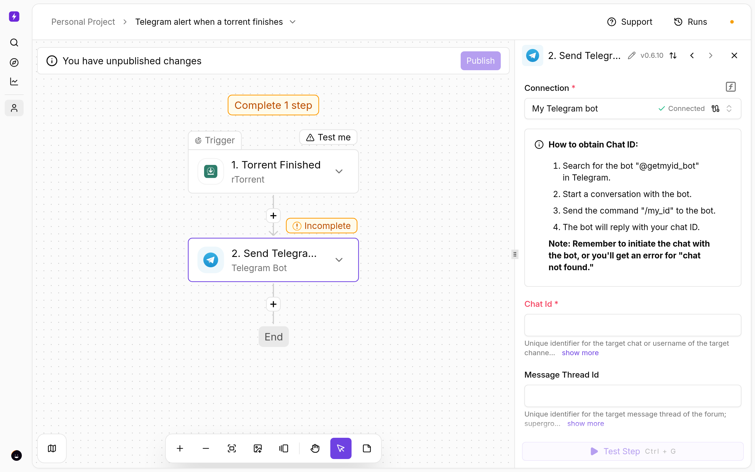 Get a Telegram Message When a Torrent Finishes on Your Seedbox 2 Telegram alert when a torrent finishes — the imported flow in the Liteflow builder
