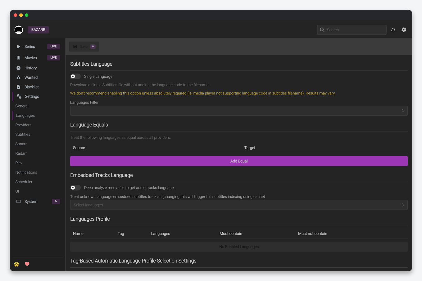 Bazarr Setup Guide: Automatic Subtitles for Your Seedbox 3 Bazarr Settings Languages page on a seedbox with a language profile