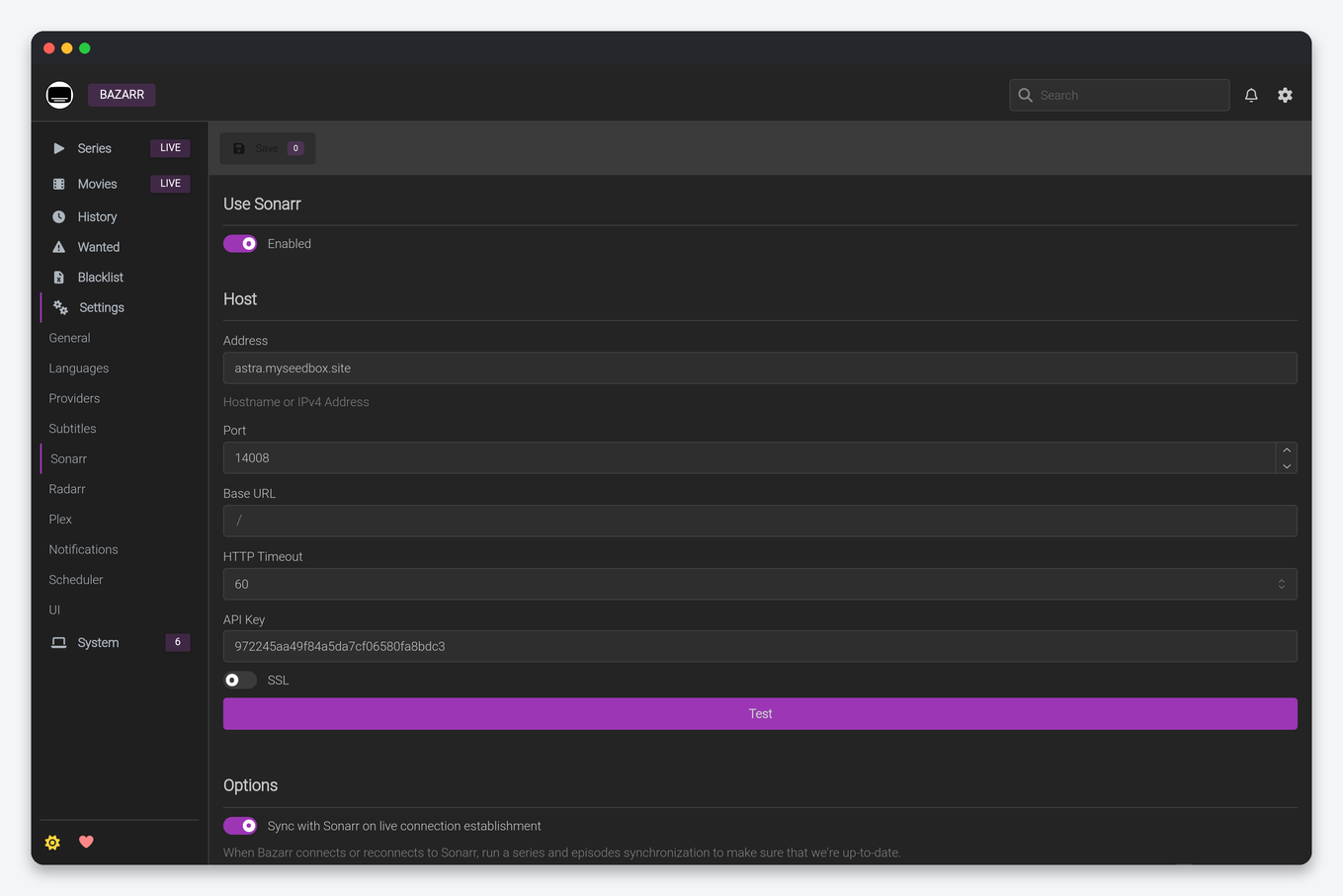 Bazarr Setup Guide: Automatic Subtitles for Your Seedbox 1 Bazarr Settings Sonarr page on a seedbox with address, port and API key fields