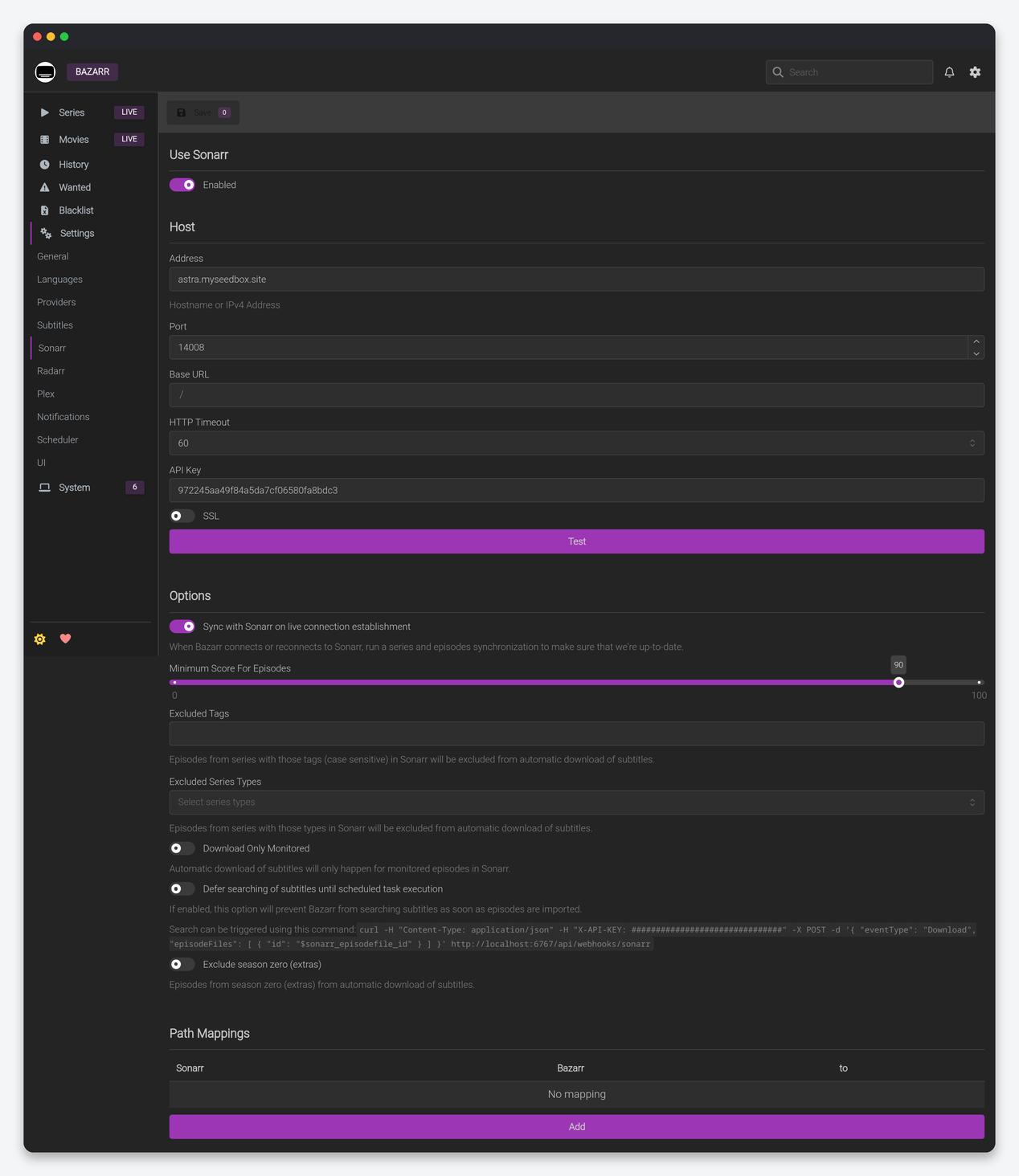 Bazarr Settings Explained: Scoring, Languages, Providers and Sync 5 Bazarr Sonarr connection settings with minimum score and options