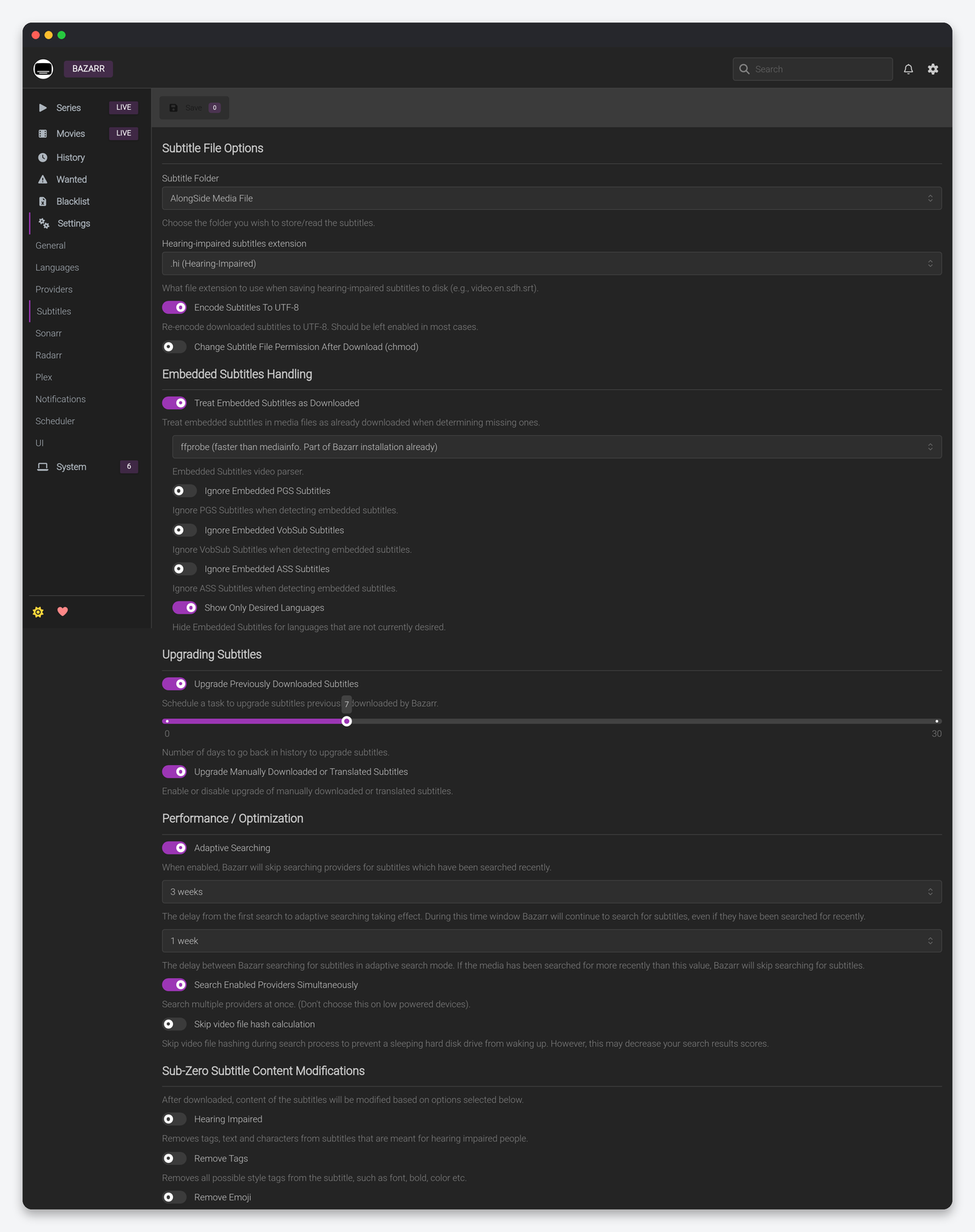Bazarr Settings Explained: Scoring, Languages, Providers and Sync 4 Bazarr Subtitles settings: file options, embedded subtitles, upgrading, performance, Sub-Zero modifications