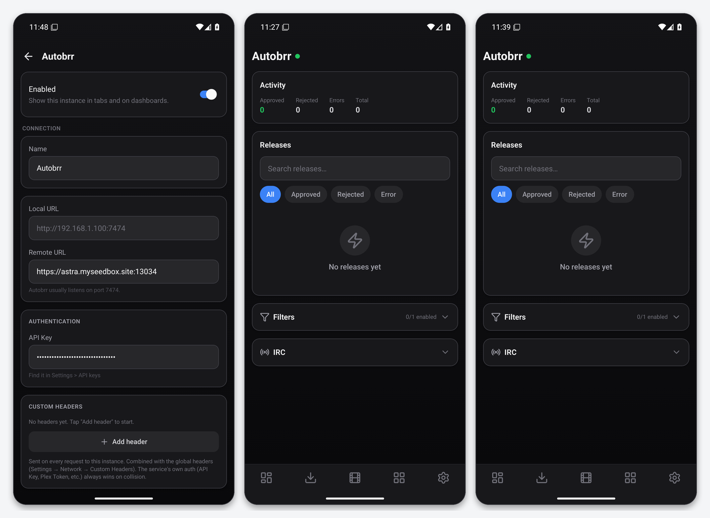 Connect Autobrr to Dashboarr 1 Dashboarr Autobrr editor with the seedbox URL and masked API key, and the Autobrr tab with Activity counters, Releases, Filters and IRC sections