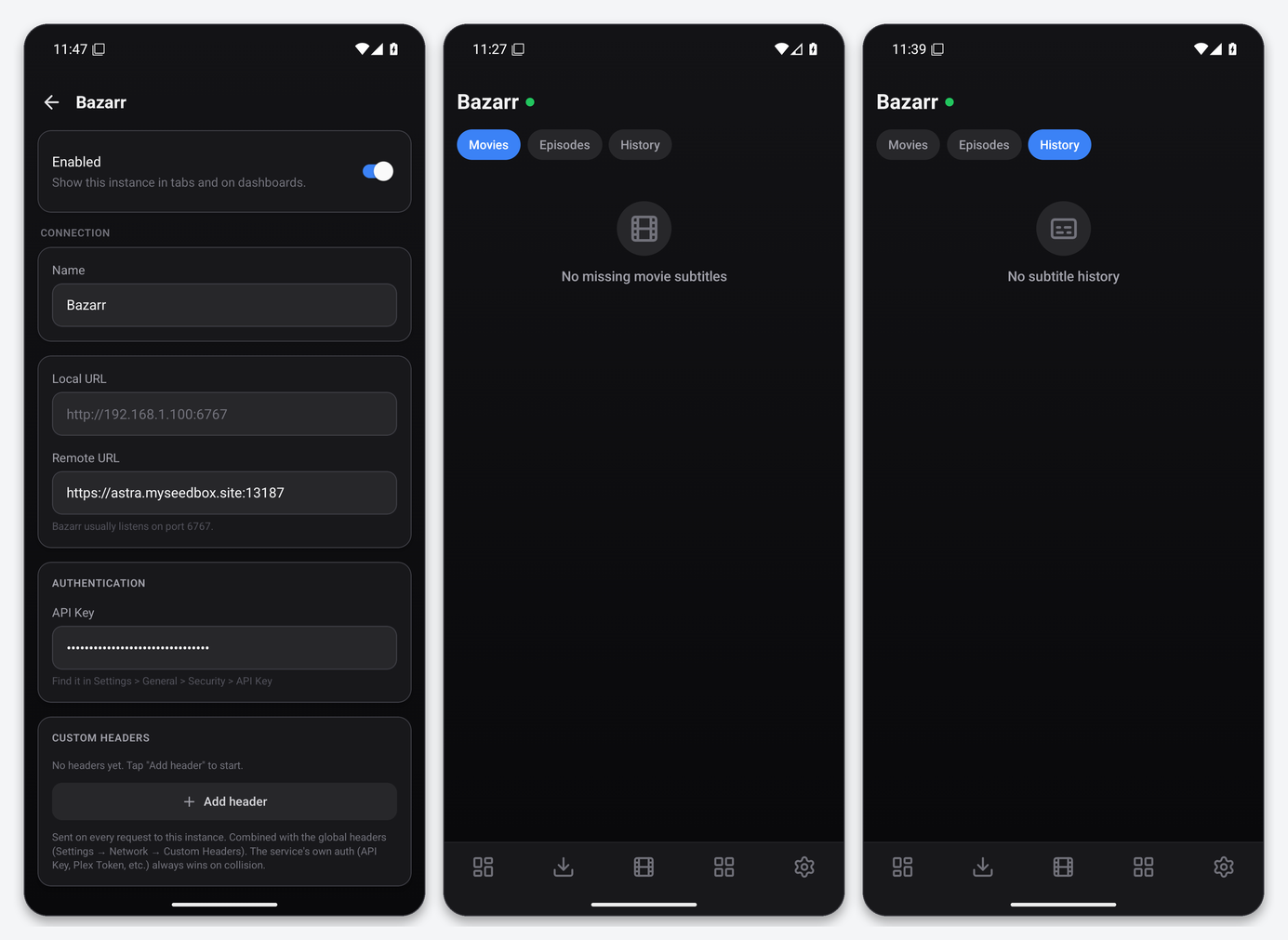 Connect Bazarr to Dashboarr 1 Dashboarr Bazarr editor with the seedbox URL and masked API key, the Wanted movies tab and the History tab