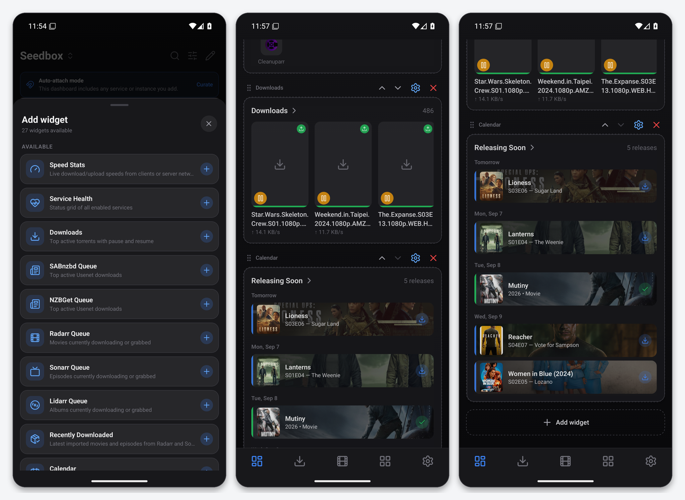 Dashboarr on a seedbox: the complete setup guide (Android & iOS) 9 Dashboarr Add widget picker and a seedbox dashboard with Speed Stats, Downloads and Calendar widgets