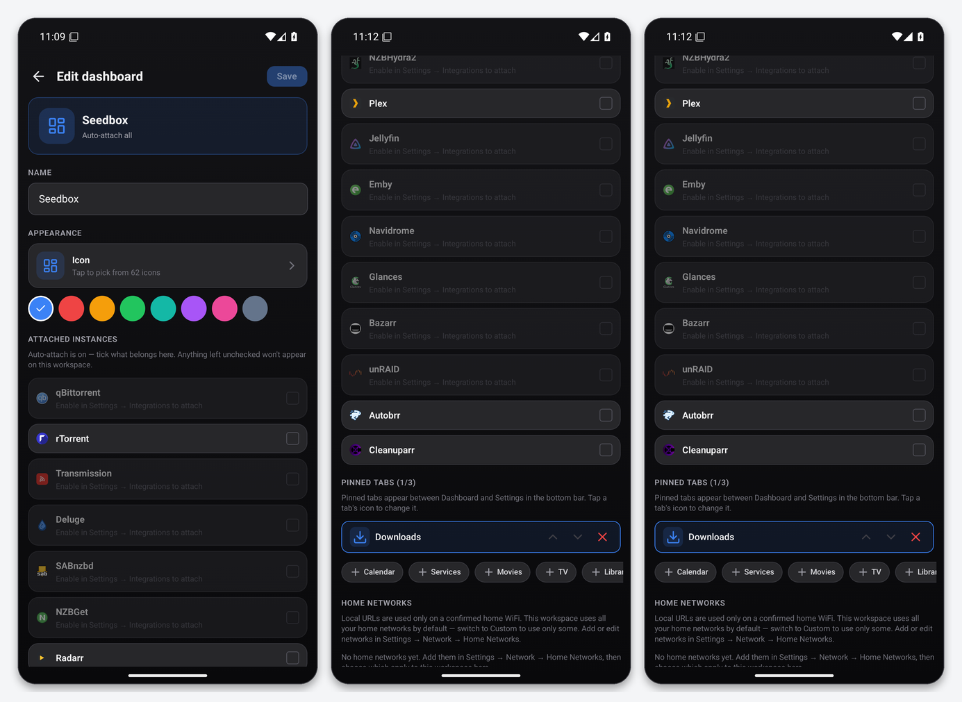 Dashboarr on a seedbox: the complete setup guide (Android & iOS) 7 Dashboarr Edit dashboard screen: name, icon, attached instances and the Pinned tabs picker