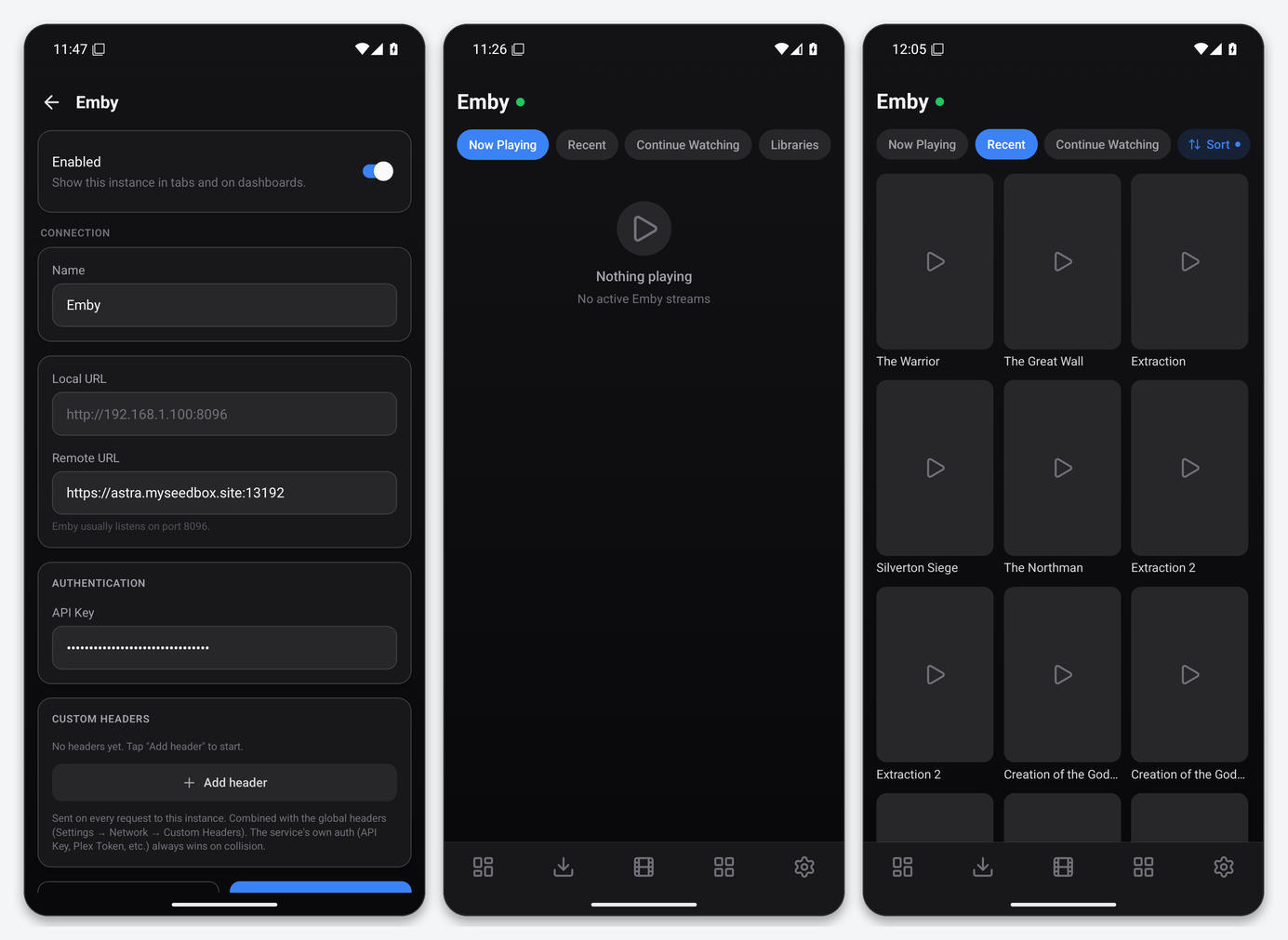 Connect Emby to Dashboarr 1 Dashboarr Emby editor, the Emby tab with Now Playing, and the Recently Added grid