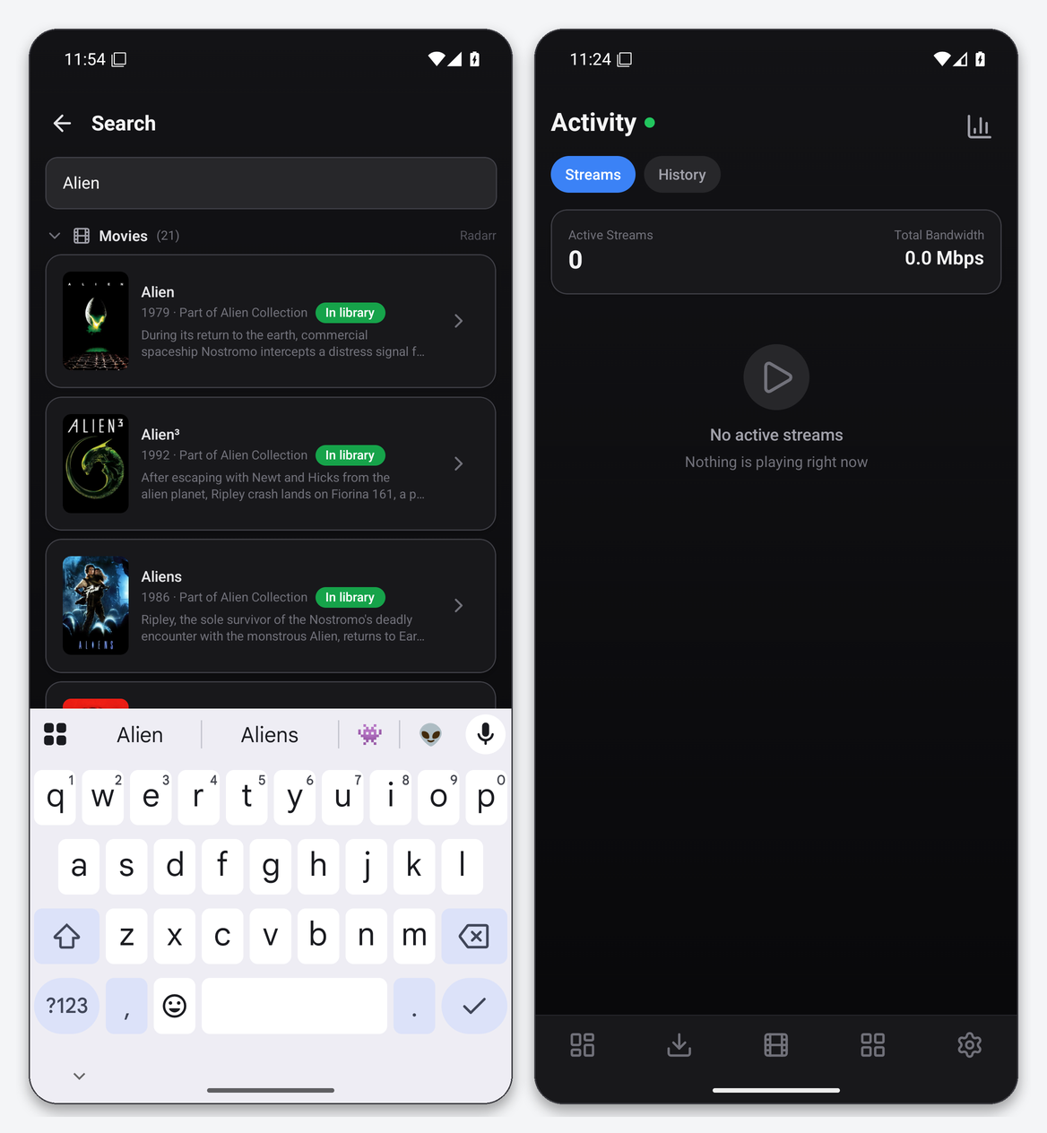 Dashboarr on a seedbox: the complete setup guide (Android & iOS) 10 Dashboarr global search results for Alien grouped by Radarr, and the Activity screen