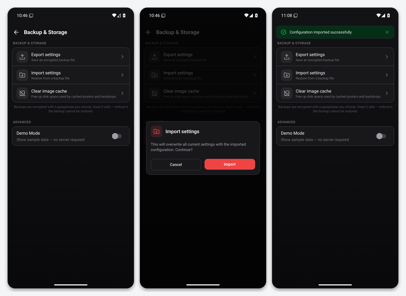 Dashboarr on a seedbox: the complete setup guide (Android & iOS) 5 Dashboarr Backup and Storage screen, the import confirmation and the Configuration imported successfully toast